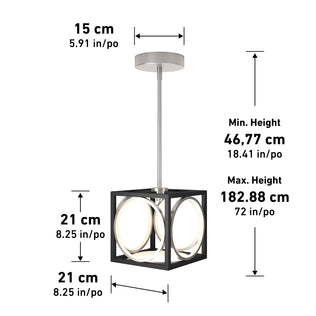 The Artika Astoria LED modern pendant light features a cube-shaped shade, round ceiling mount, and black and gold finish. Adjustable hanging height from 46.77 cm to 182.88 cm allows versatile placement in any space.