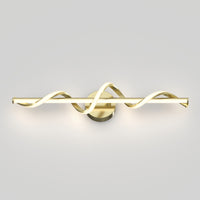 The Artika Coda modern LED bathroom vanity light 5 CCT features a gold finish, straight horizontal bar, and two intertwined wavy light tubes on a round backplate, displayed against a light gray background.