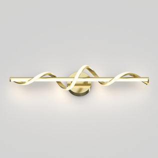 The Artika Coda modern LED bathroom vanity light 5 CCT features a gold finish, straight horizontal bar, and two intertwined wavy light tubes on a round backplate, displayed against a light gray background.