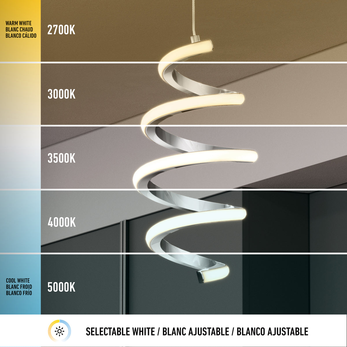 The Artika Chorus 1-light LED pendant features 5 color temperature settings from 2700K warm white to 5000K cool white, letting you easily adjust the glow from yellowish to bright white.