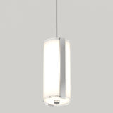 A modern cylindrical pendant light with a frosted white glass shade and metallic accents, suspended from a thin ceiling wire against a plain light gray background.