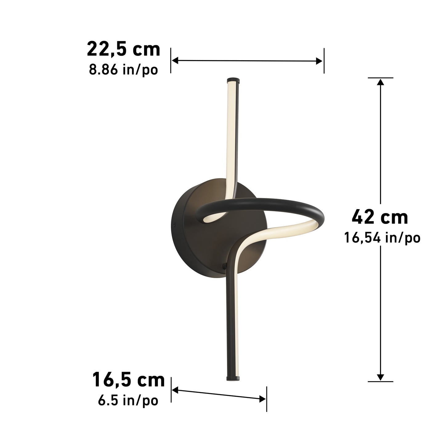 The Artika Swirl LED Sconce is a modern wall-mounted light with curved black and white elements, measuring 22.5 cm (8.86 in) wide, 16.5 cm (6.5 in) deep, and 42 cm (16.54 in) tall.