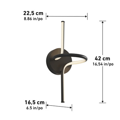 The Artika Swirl LED Sconce is a modern wall-mounted light with curved black and white elements, measuring 22.5 cm (8.86 in) wide, 16.5 cm (6.5 in) deep, and 42 cm (16.54 in) tall.