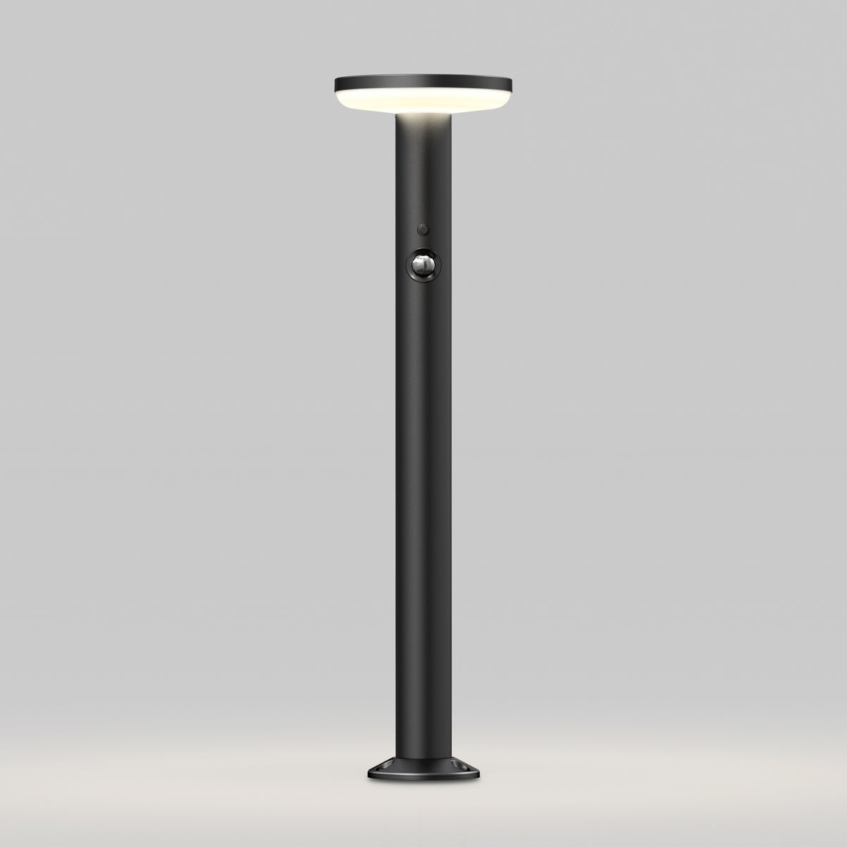 The Artika Urbia Solar LED Bollard features a round lit top, central button, and sleek black design against a plain light background.
