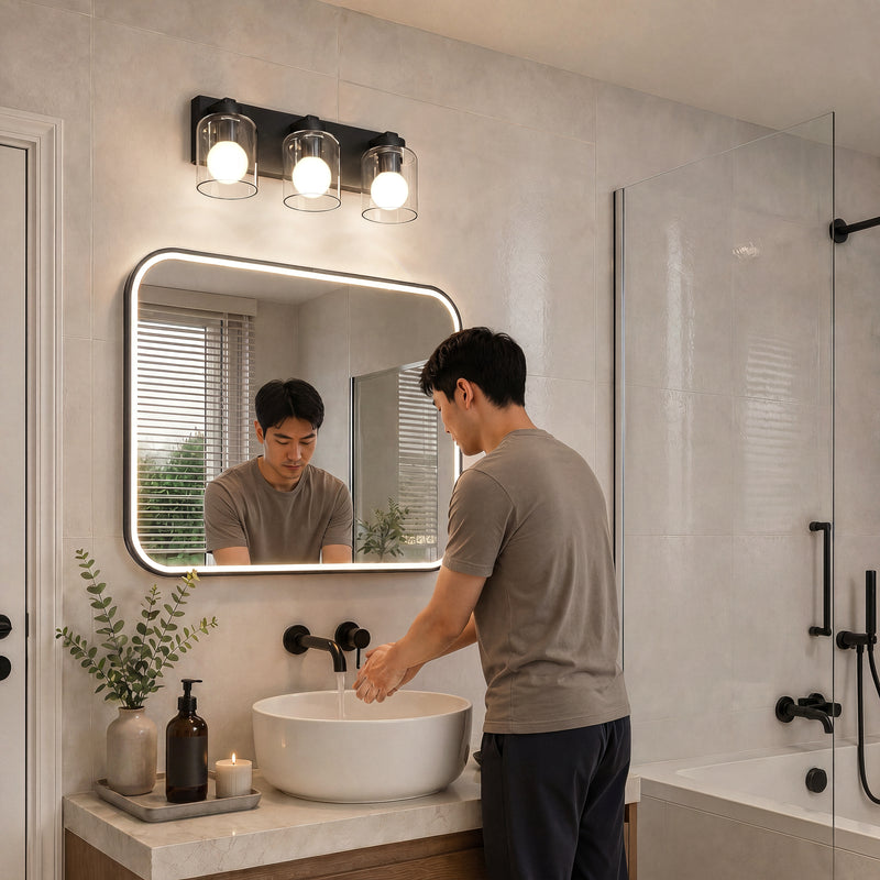 Man washing hands at a sink, with an Artika Aryna 20 in. 3-Light LED Vanity above the mirror and a bathtub in the background.