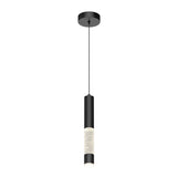 A modern pendant light with a black cylindrical fixture, a thin black cord, and an illuminated textured glass section near the bottom, suspended from a circular black ceiling mount.