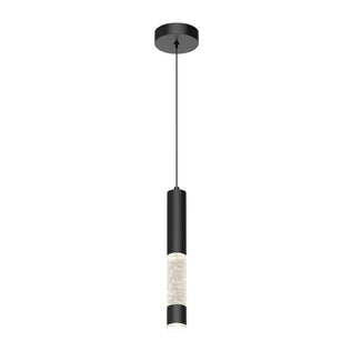The Mist LED pendant light by Artika showcases a modern black cylindrical design with a textured translucent diffuser, suspended from a slim black cord and round ceiling mount.