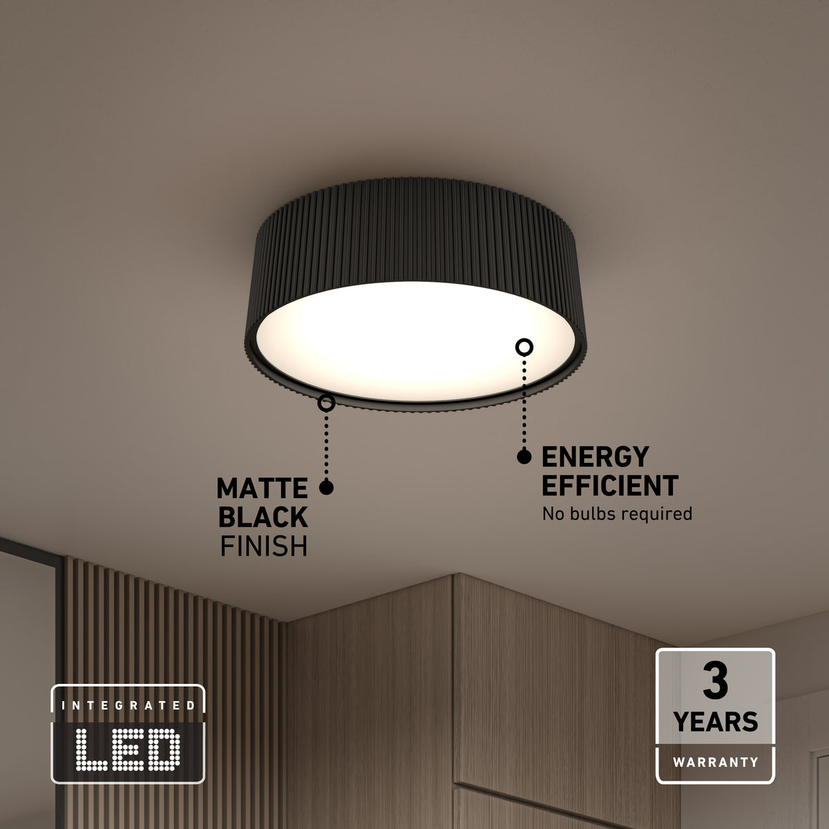 Modern matte black LED ceiling light with a ribbed design, mounted on a beige ceiling above wood-panelled walls. Text highlights its matte black finish, energy efficiency, 3-year warranty, and integrated LED.