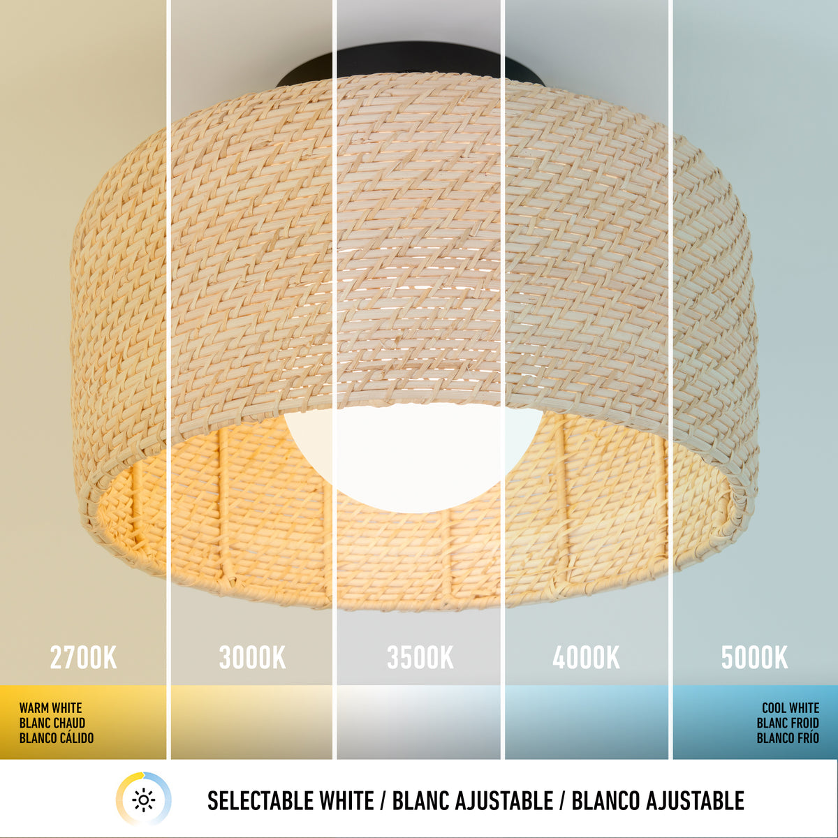 The Artika Emiko modern LED flush mount light 5 CCT is displayed under five selectable white settings, from warm white (2700K) on the left to cool white (5000K) on the right, showcasing its adjustable color temperature options.