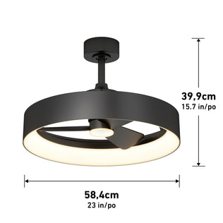 The Artika Austin 23 in. LED modern ceiling fan features a black design with an integrated circular LED light, three blades inside the light ring, and measures 58.4 cm (23 in) diameter by 39.9 cm (15.7 in) high. Includes remote control.