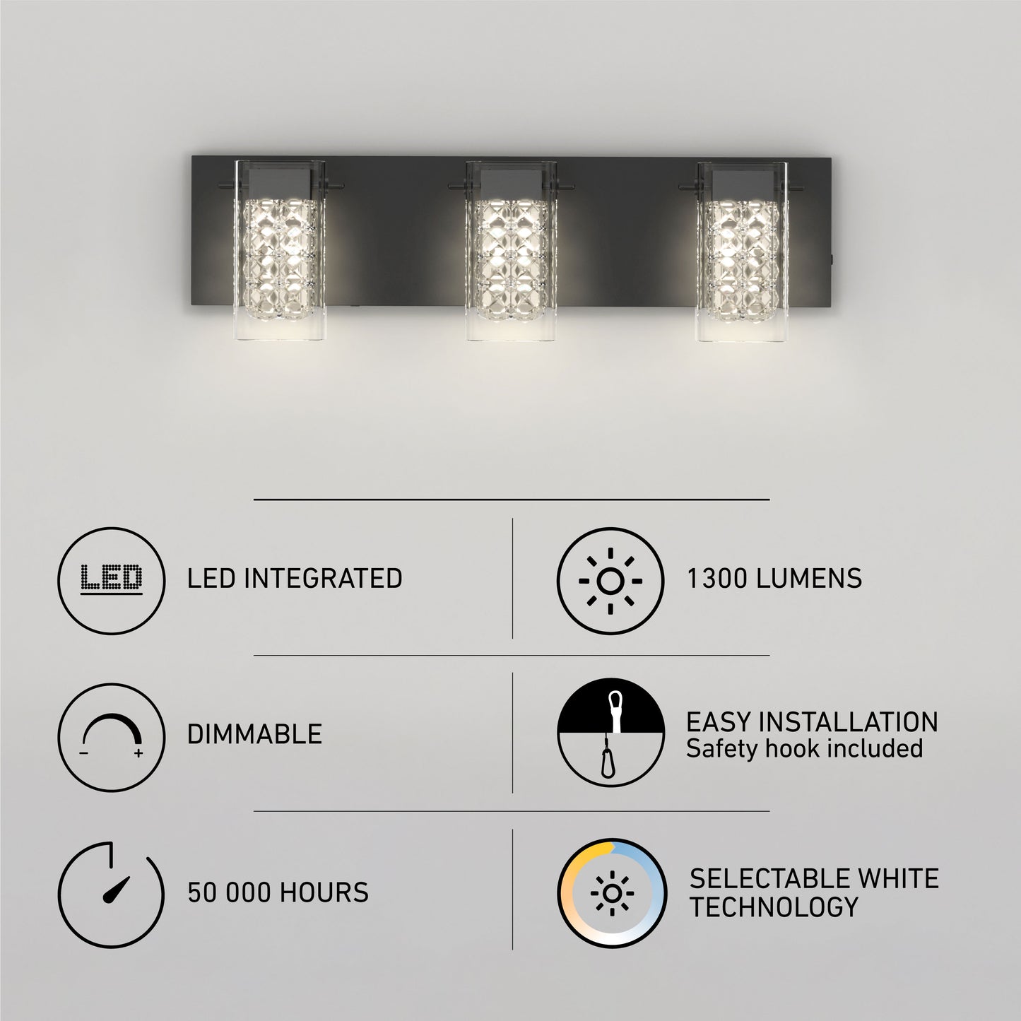 Artika’s Crystal Cube LED bathroom vanity light features three crystal-covered lights, 1300 lumens, dimmability, easy installation, 50,000-hour lifespan, and selectable white (5 CCT) technology—icons and labels highlight each feature.