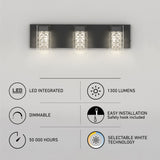 A modern 3-light wall fixture with crystal accents is shown above six icons highlighting features: LED integrated, dimmable, 50,000 hours lifespan, 1300 lumens, easy installation, and selectable white technology.