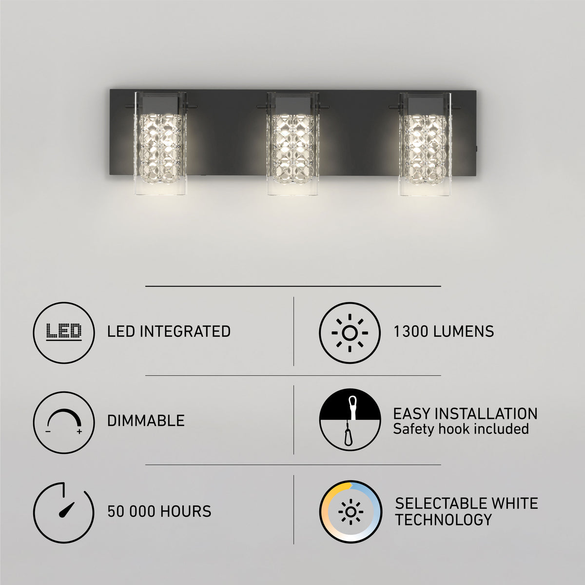Crystal Cube 21 pulg (53 cm) luminario de vanidad de 3 luces LED moderno 5 TCL para baño