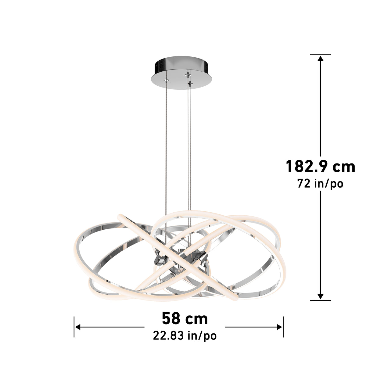 Modern LED pendant light with intertwined rings hangs from a round ceiling mount. Dimensions are shown: 182.9 cm (72 in) height and 58 cm (22.83 in) width. Background is white.