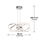Modern LED pendant light with intertwined rings hangs from a round ceiling mount. Dimensions are shown: 182.9 cm (72 in) height and 58 cm (22.83 in) width. Background is white.