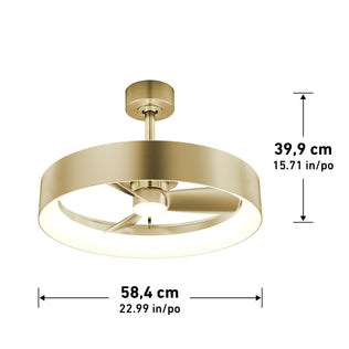 The Artika Austin 23 in. LED modern ceiling fan features a quiet motor, remote control, and built-in light. It measures 39.9 cm (15.71 in) high and 58.4 cm (22.99 in) in diameter.