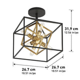 Modern geometric ceiling light fixture featuring a gold and black double cube design, with four exposed bulbs. Dimensions: 31.9 cm (height), 26.7 cm (width and depth). Measurement lines included.