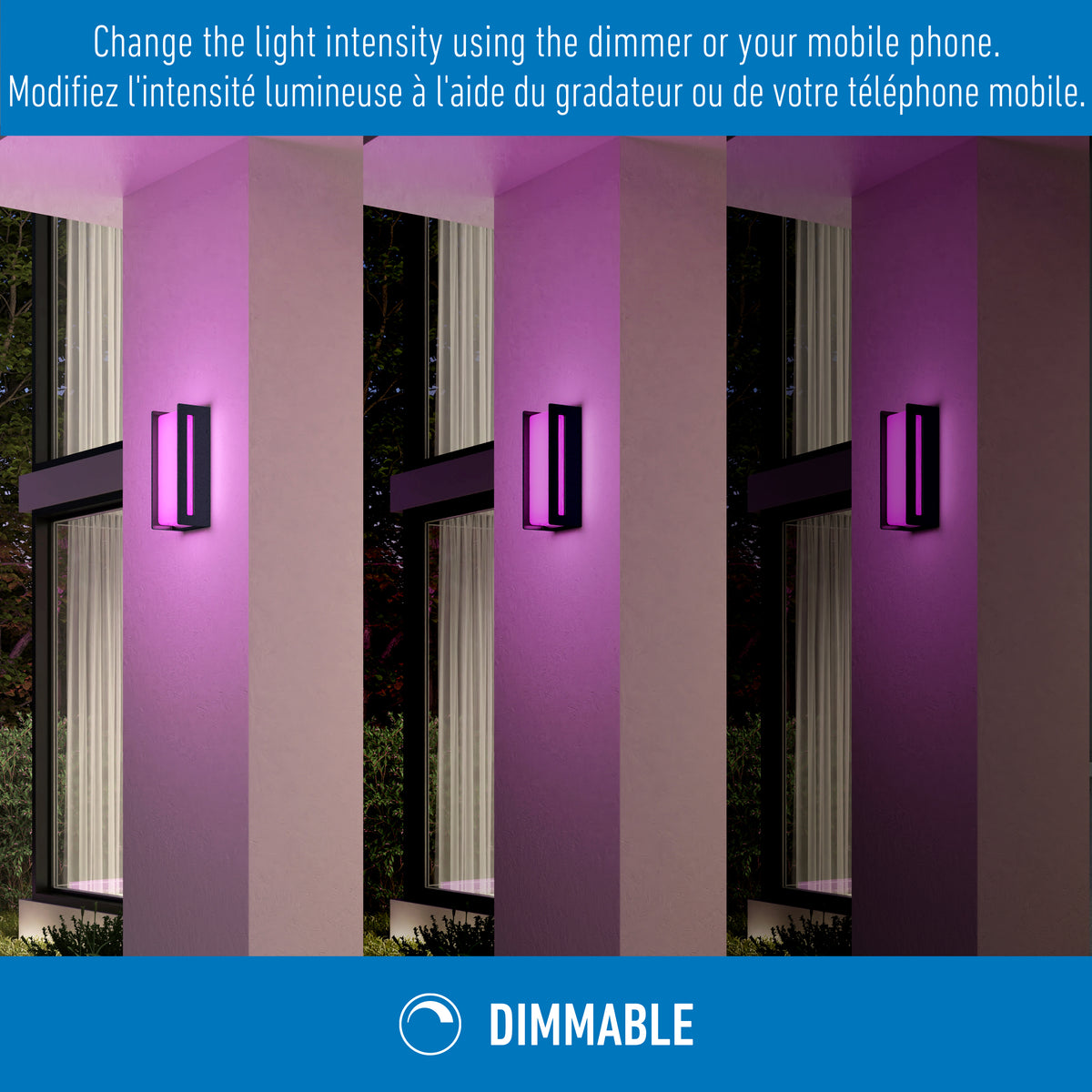 Three wall lights mounted outdoors display varying intensities of purple light, showcasing dimmable lighting features. Instructions in English and French are at the top; a dimmable icon appears at the bottom.