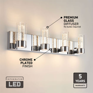 Essence 27-in Artika LED vanity light with labeled features and 5-year warranty shown in the corner.