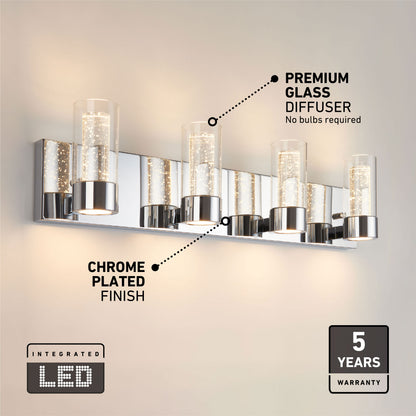 Essence 27-in Artika LED vanity light with labeled features and 5-year warranty shown in the corner.