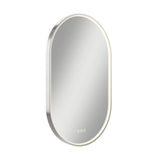 A modern, oval-shaped wall mirror with a silver frame and built-in LED lighting around the edge, featuring three touch-sensitive buttons at the bottom center. The mirror is shown against a white background.