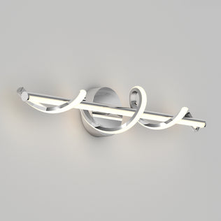 The Artika Coda 27-in (69 cm) Integrated LED 5-CCT Vanity Light Bar features a modern chrome base and two spiraling curved light tubes—an ideal bathroom lighting solution against a light gray wall.
