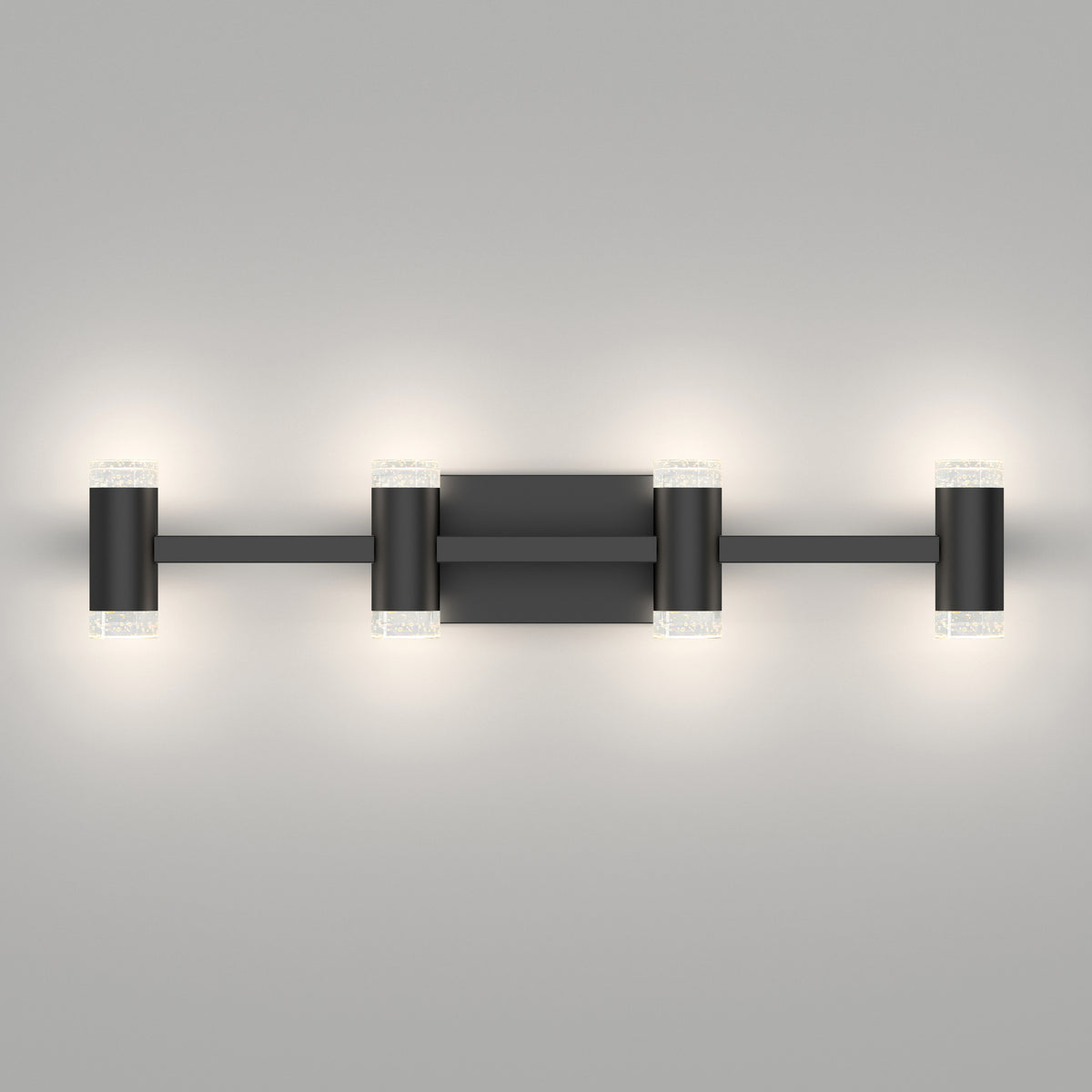 The Artika Mist 26-in Integrated LED 5-CCT Vanity Light Bar features a modern black design with four evenly spaced cylindrical lights and frosted glass tops, providing adjustable color and soft glow ideal for bathroom lighting.