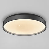A modern, round ceiling light with a black frame and a glowing white diffuser, featuring tiny speckles that resemble stars against a smooth, light gray ceiling.