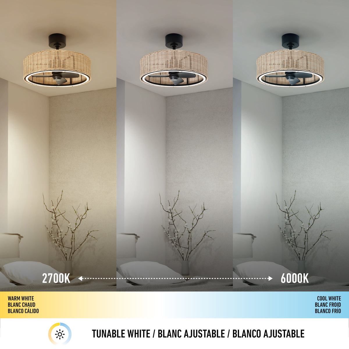 A ceiling fan with a woven shade is shown lighting a room in three color temperatures: warm white (2700K), neutral, and cool white (6000K). A bed and a bare tree branch decor are visible below the fan.