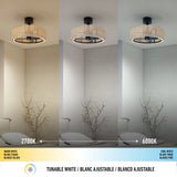 A ceiling fan with a woven shade is shown lighting a room in three color temperatures: warm white (2700K), neutral, and cool white (6000K). A bed and a bare tree branch decor are visible below the fan.