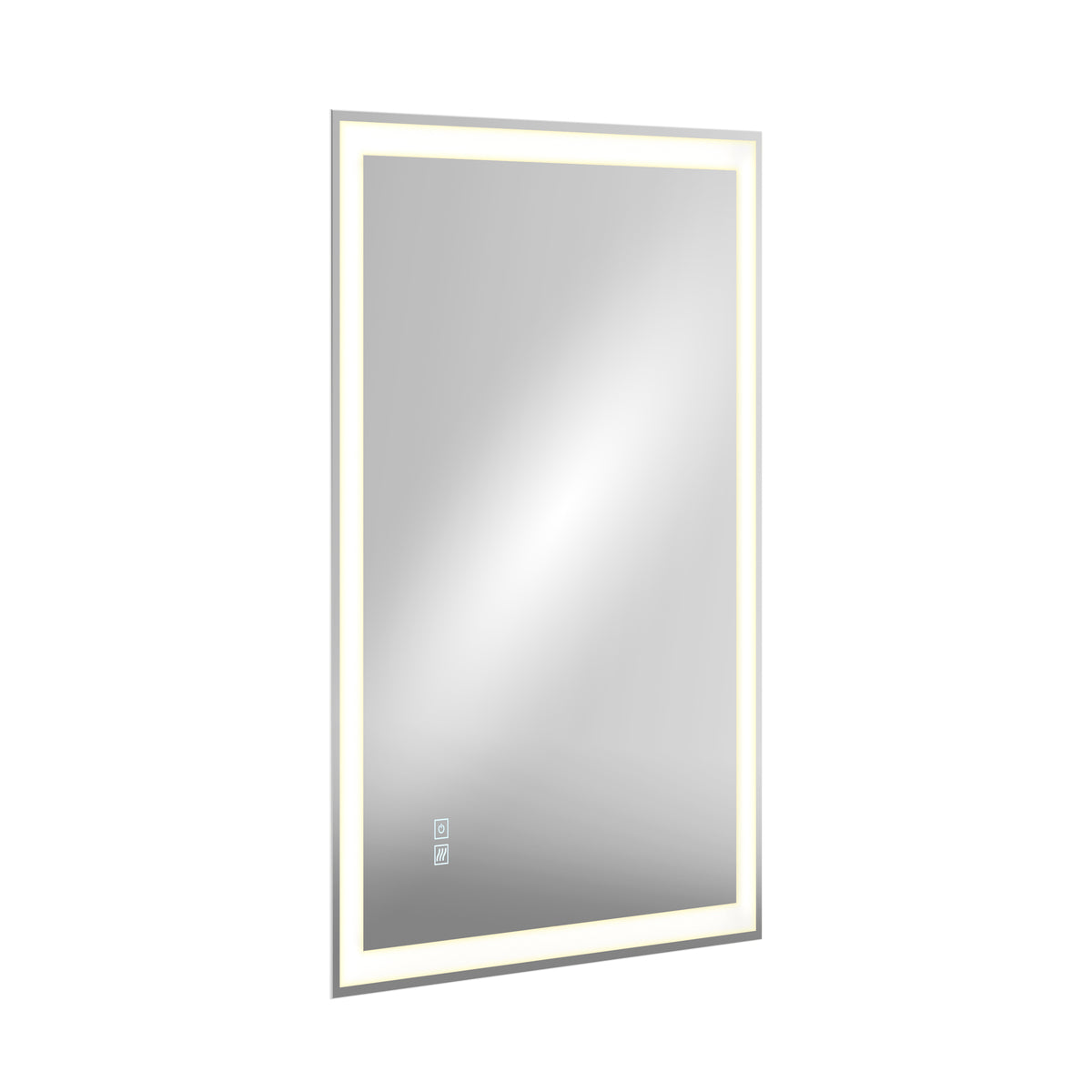 Rectangular wall-mounted mirror with a built-in LED light strip around the edge, creating a glowing frame. The mirror has a touch control panel in the bottom left corner.