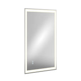 Rectangular wall-mounted mirror with a built-in LED light strip around the edge, creating a glowing frame. The mirror has a touch control panel in the bottom left corner.