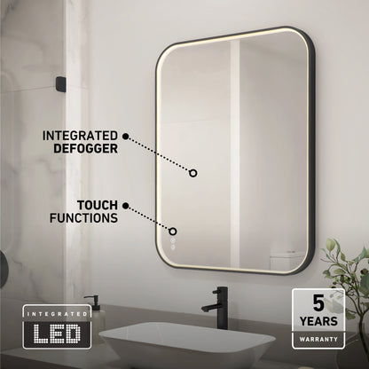 A modern bathroom features the Artika Royce dimmable LED mirror 3 CCT with touch functions, integrated defogger, and LED icons. A sink and faucet sit below. Text highlights a 5-year warranty and smart features.