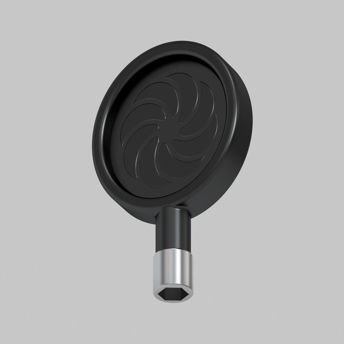 A 3D-rendered image of a circular, black Artika Sonokit part with a swirl pattern and short metallic attachment, designed for quick installation with Sonokit shelves and hooks for Sonolok and Sonofold wall panels, set on a plain gray background.