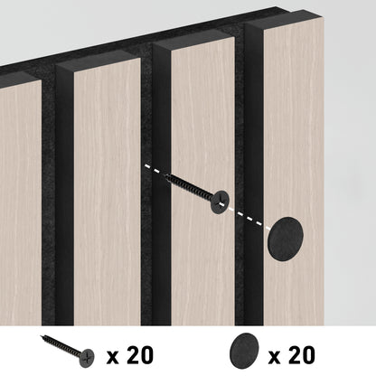 A diagram shows a screw being inserted into the Artika Sonolok 15.5 ft sound-absorbing wall panel kit (4-pack) with icons indicating 20 screws and 20 round caps are needed.