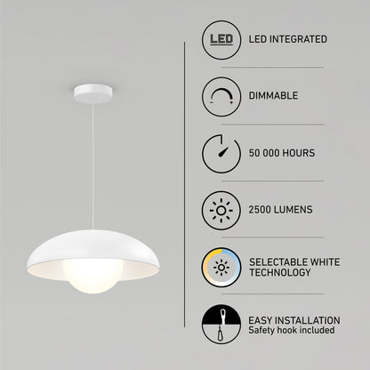 The Artika Boden LED modern mid-century pendant light features integrated LED, dimmable 2500 lumens, 50,000-hour life, selectable white technology (3 CCT), and easy installation with a safety hook.