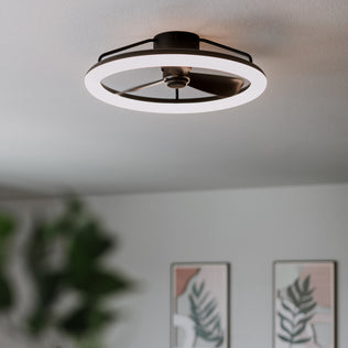 The Artika Darren 23 in. LED modern fandelier ceiling fan with light and remote is mounted above two framed leafy art prints.