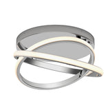 Modern ceiling light fixture with a circular chrome base and two intertwined curved LED strips, one illuminated, creating a sleek, contemporary design.