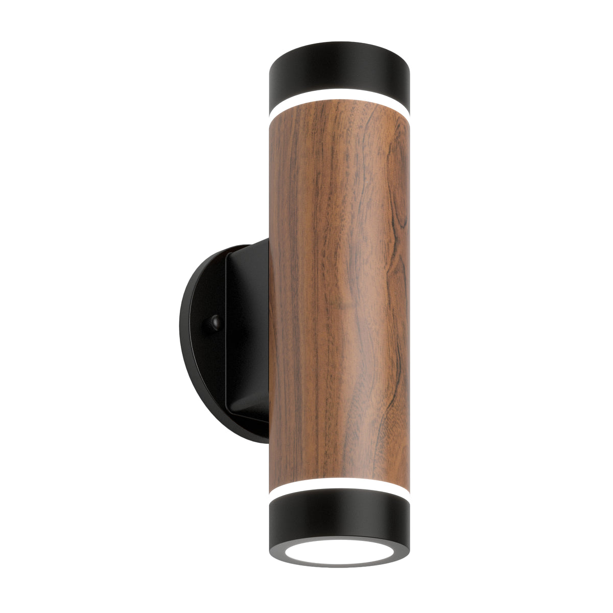 The Artika C7 indoor-outdoor LED wall light 3 CCT is a modern cylindrical sconce with a wood grain body, black accents on the ends and mount, and bi-directional light emission.