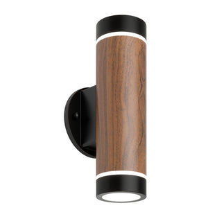 The Artika C7 indoor-outdoor LED wall light 3 CCT is a modern cylindrical sconce with a wood grain body, black accents on the ends and mount, and bi-directional light emission.