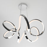 Modern ceiling light fixture with intertwined, looping metal bands and integrated LED strips, suspended by two cables from a round chrome base, against a plain white ceiling background.