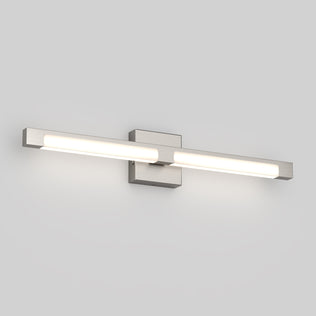 The Artika Tivoli modern LED bathroom vanity light 5 CCT is a sleek, rectangular wall-mounted fixture with a brushed metal finish, emitting soft white light from its square base on a plain, light gray wall.