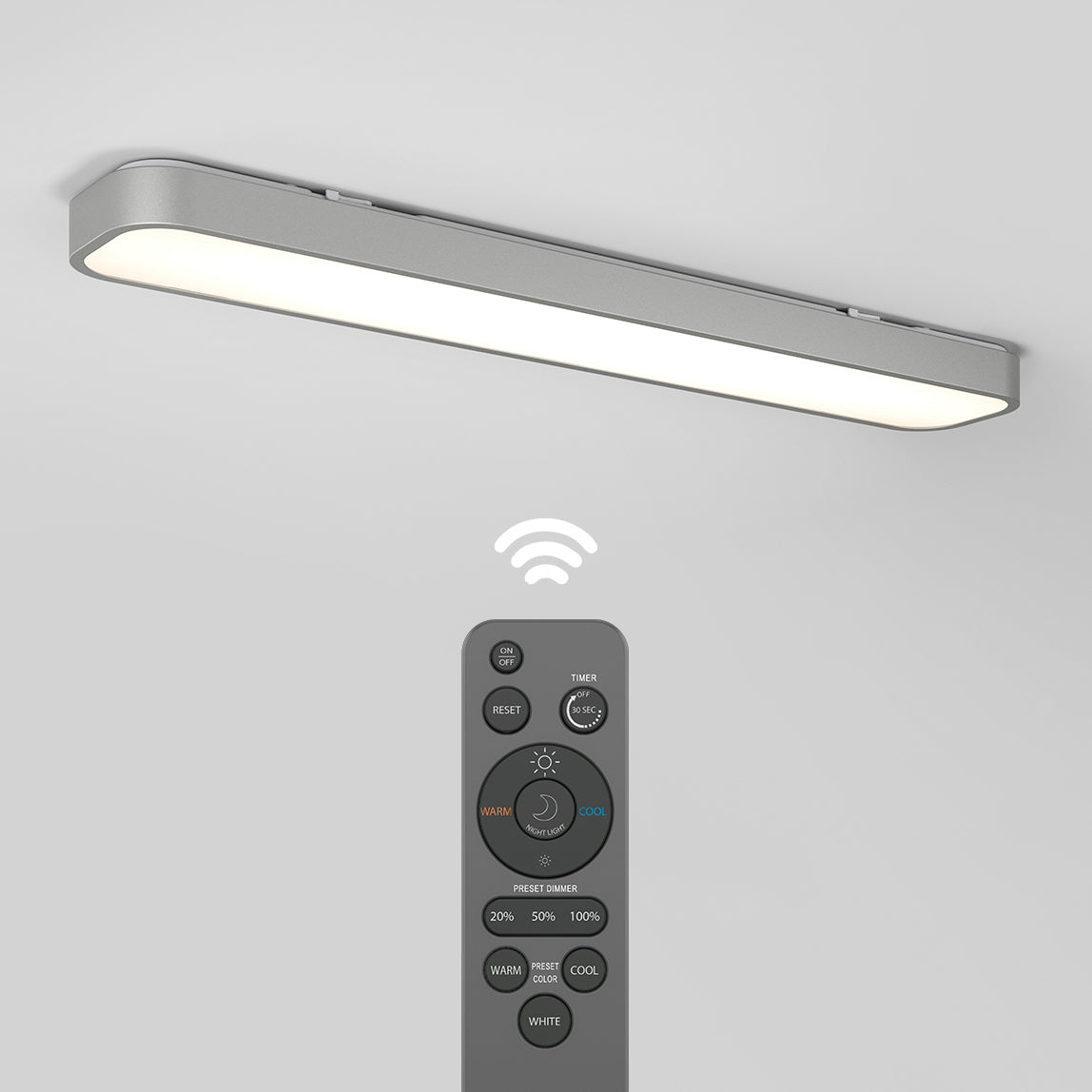 A modern, rectangular wall-mounted LED light is shown above a remote control with various buttons and a wireless signal icon between them, indicating remote operation. The light emits a soft, even glow.