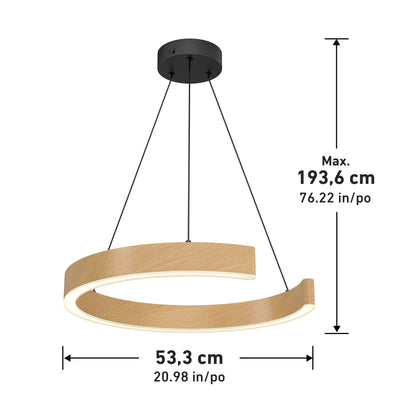The Artika-CAN-dev Vance modern LED pendant light 3 CCT features a wood finish, three black suspension wires, dimmable brightness with three white tones, measures 53.3 cm wide, and has a max hanging length of 193.6 cm.