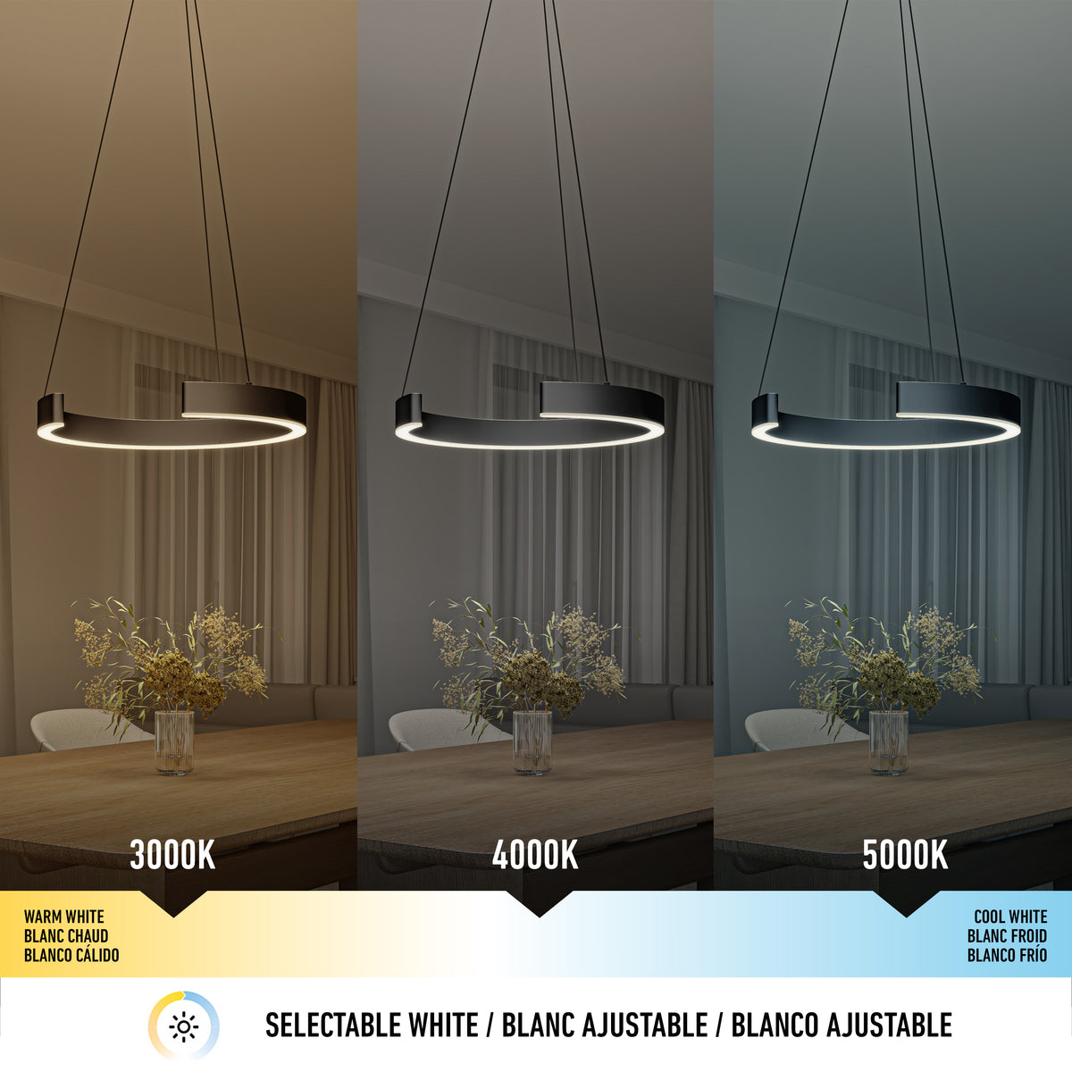 A dining room features Artika’s Vance modern LED pendant light 3 CCT over a table, shown in warm white (3000K), neutral white (4000K), and cool white (5000K) selectable lighting.