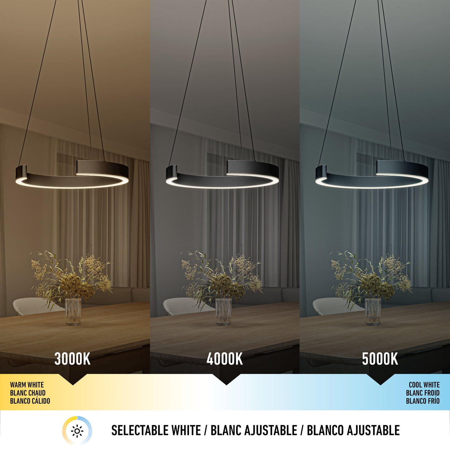 The Vance modern LED pendant light 3 CCT by Artika-CAN-dev features a sleek circular design and hangs above a dining table, displaying three dimmable color temperatures: warm white (3000K), neutral white (4000K), and cool white (5000K).