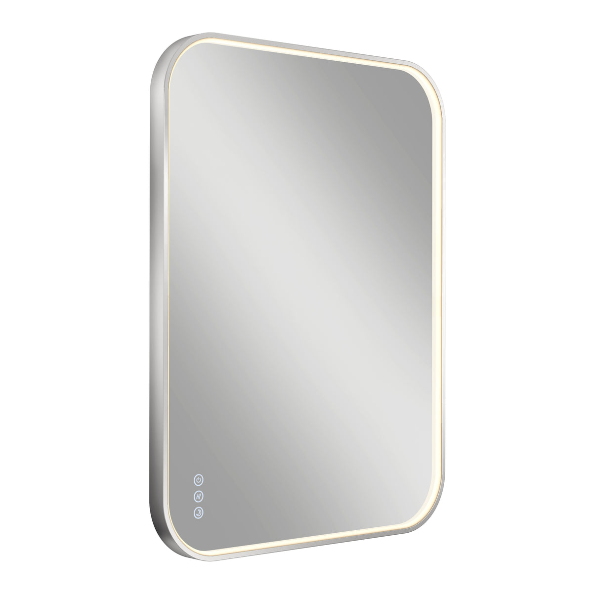 The Artika Royce Dimmable LED Mirror features a sleek rectangular design with rounded corners, edge-lit LED strip, and three touch controls—including adjustable colour temperature—on the lower left; mountable horizontally or vertically.