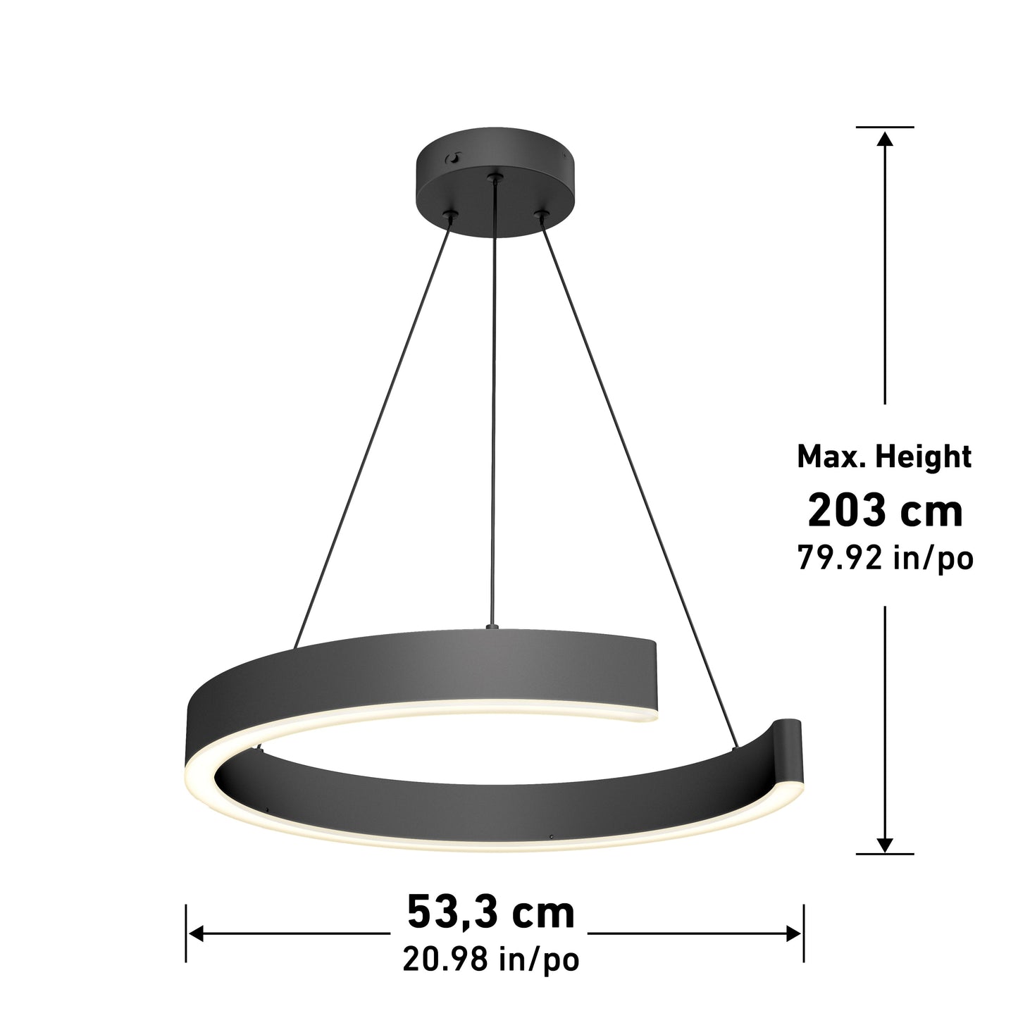 The Artika-CAN-dev Vance modern LED pendant light 3 CCT features a crescent shape, dimmable brightness, three white shades, and hangs up to 203 cm (79.92 in) wide by 53.3 cm (20.98 in) from a round ceiling mount with three cables.