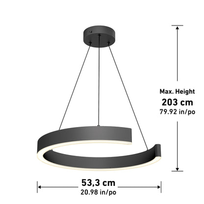 The Artika-CAN-dev Vance modern LED pendant light 3 CCT features a crescent shape, dimmable brightness, three white shades, and hangs up to 203 cm (79.92 in) wide by 53.3 cm (20.98 in) from a round ceiling mount with three cables.