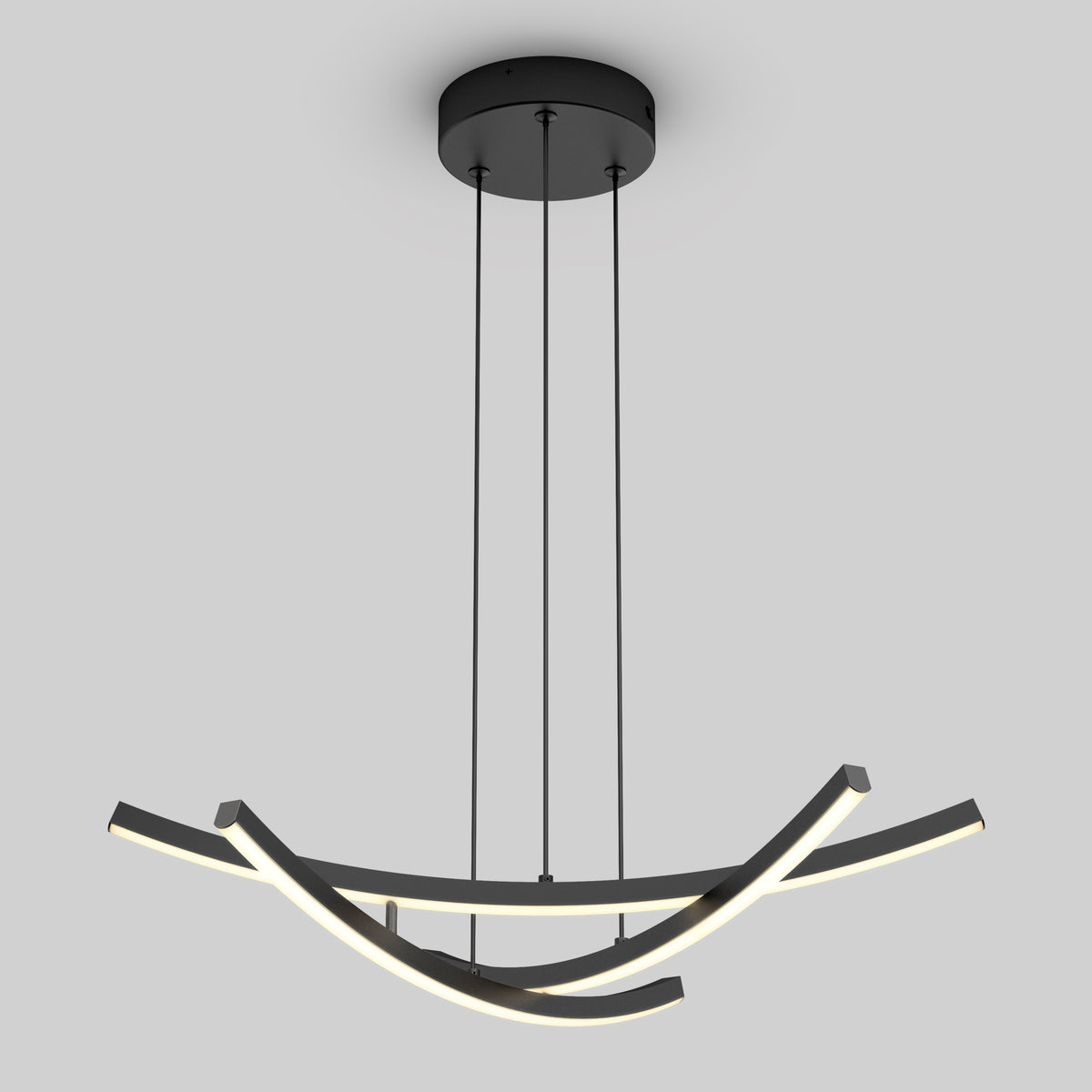 The Orly modern LED pendant light 5 CCT by Artika features three intersecting curved LED bars, suspended by four slim black cables from a round black ceiling mount, creating a sleek contemporary look.